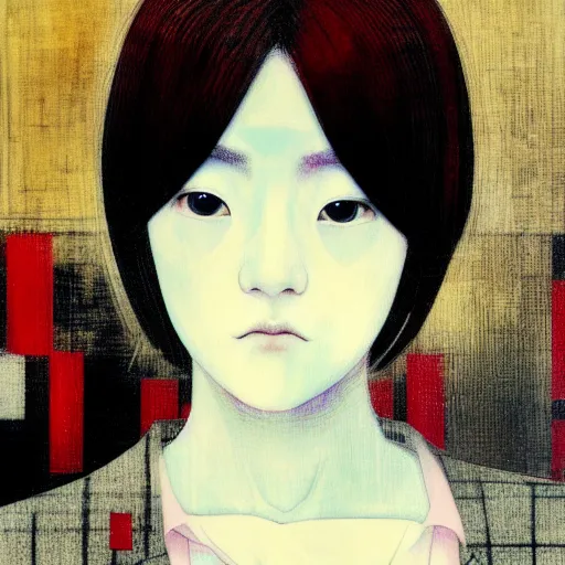 Image similar to yoshitaka amano blurred and dreamy realistic three quarter angle portrait of a young woman with short hair and black eyes wearing office suit with tie, junji ito abstract patterns in the background, satoshi kon anime, noisy film grain effect, highly detailed, renaissance oil painting, weird portrait angle, blurred lost edges