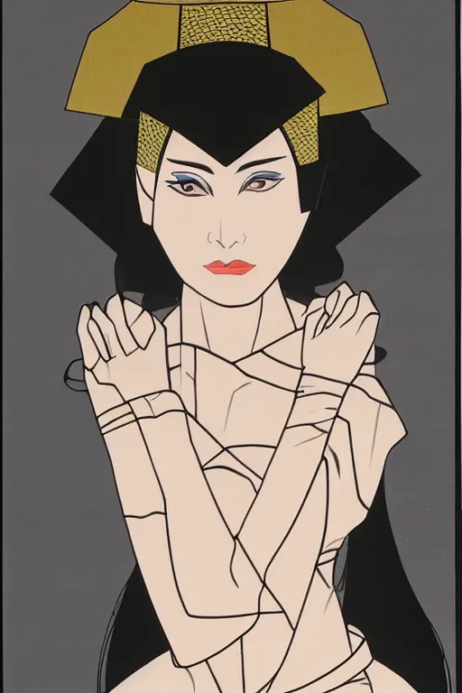 Image similar to 1 9 8 0 s glamour fashion portrait of neo - samurai woman, highly detailed, symmetrical details, flat shading, outlines, by patrick nagel