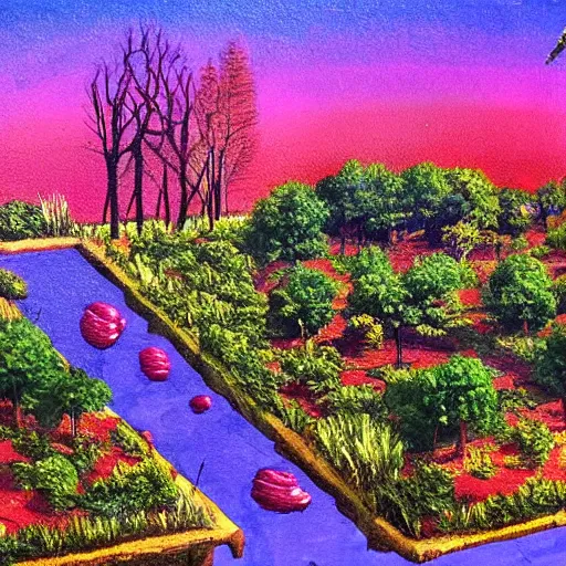 Image similar to Beautiful city of the future, overgrown with trees and plants. Nice colour scheme, warm colour. Beautiful artistic painting by artist Lurid. (2022)