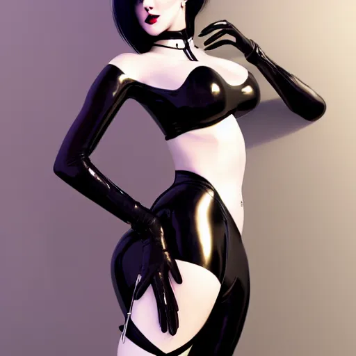 Prompt: curvy feminine pale goth woman with elegant tight black nylon and silver latex outfit, cgsociety, realistic, highly detailed, sublime, 16k, smooth, sharp focus, trending on ArtStation, hyperdetailed, volumetric lighting