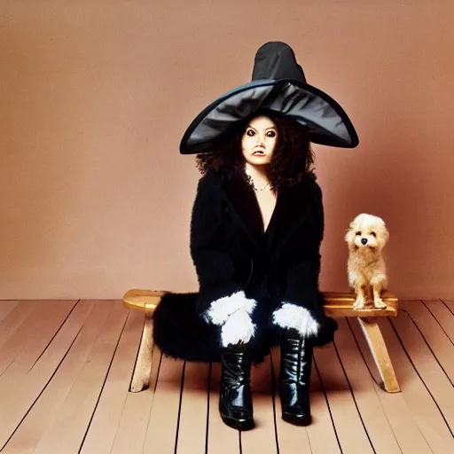 Image similar to a cream - colored havanese dog sitting on top of a wooden bench, wearing a large black sunhat, corset, and furry boots, legs spread, an album cover by david lachapelle, behance, transgressive art, 1 9 9 0 s, made of feathers, full body