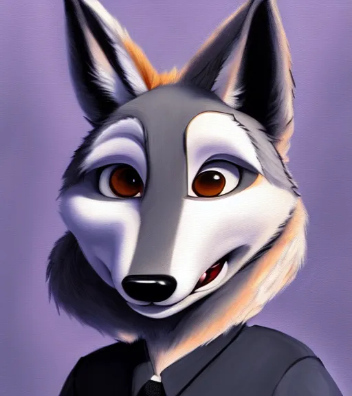 Image similar to oil painting of anthromorphic furry female wolf, in style of zootopia, female fursona, furry, furaffinity, 4 k, deviantart, furry art, fursona art, wearing black business suit, business suit, wolf fursona, expressive feminine face, female,