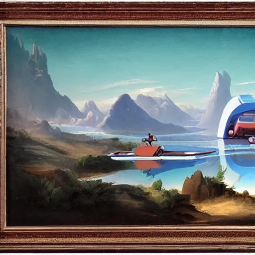 Image similar to a mountain lake landscape with futuristic vehicles in the style of Dr. Seuss, luxury, painting by Raphael Lacoste