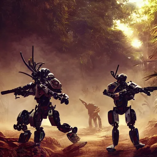 Prompt: Ragtag human militia fighting advanced humanoid combat robots in a jungle in 2020, combat photography by Feng Zhu, highly detailed, excellent composition, cinematic concept art, dramatic lighting, trending on ArtStation