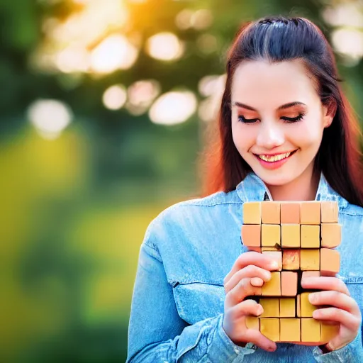 Image similar to beautiful advertising photo of a woman holding scented soap bricks up to the viewer, smiling, summer outdoors photography at sunrise, bokeh, bloom effect