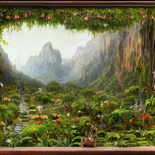 Prompt: a beautiful and highly detailed matte painting of a fantasy floral garden in a fantastic forest in the lush valley high in the most epic mountains ever, intricate details, epic scale, insanely complex, 8 k, sharp focus, hyperrealism, very realistic, by caspar friedrich, greg rutowski, james gurney