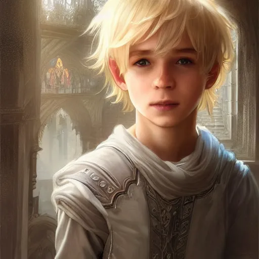 Image similar to portrait of a young boy wearing plain looking fantasy thief clothing in the slums of a fantasy city, blonde hair, d & d, fantasy, joyful smirk, intricate, elegant, highly detailed, digital painting, artstation, concept art, matte, sharp focus, illustration, art by artgerm and greg rutkowski and alphonse mucha