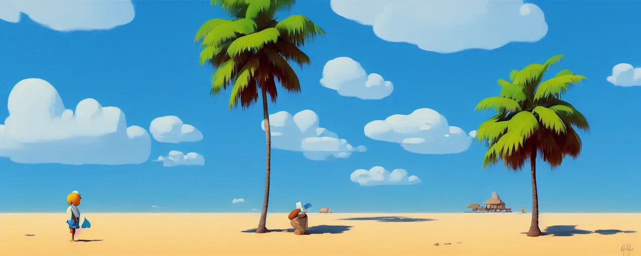 Prompt: painting by goro fujita!! bright blue illustration of a beach horizon with clouds and one palm tree in the style of goro fujita, sharp focus, highly detailed, artstation