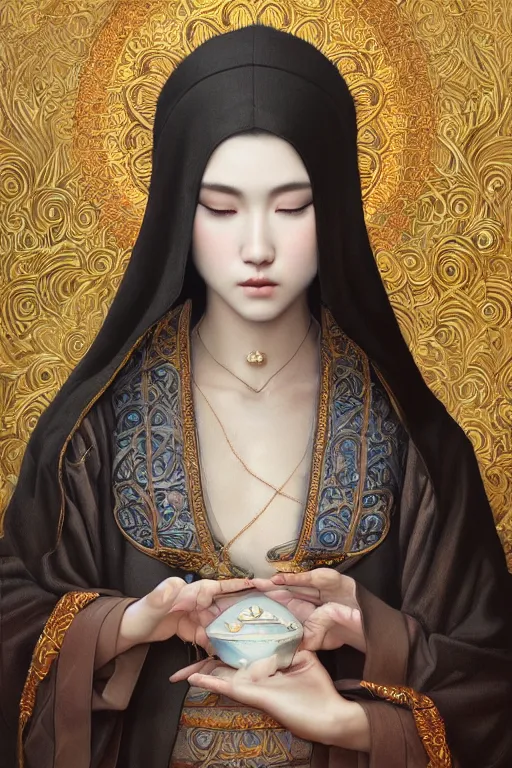 Prompt: ultra realist and ultra intricate detailed soft painting of a beautiful neko kawai nun in religious clothing, thin lustrous hair, symmetry features, sensual gloomy style, soft painting, volumetric clouds, fantasy background, artstation, Tom Bagshaw artstyle, unreal render, depth of field