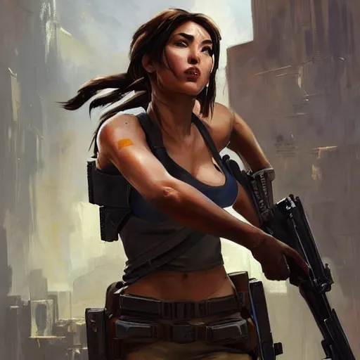 Image similar to greg manchess portrait painting of fully armored lara croft as overwatch character, medium shot, asymmetrical, profile picture, organic painting, sunny day, matte painting, bold shapes, hard edges, street art, trending on artstation, by huang guangjian and gil elvgren and sachin teng