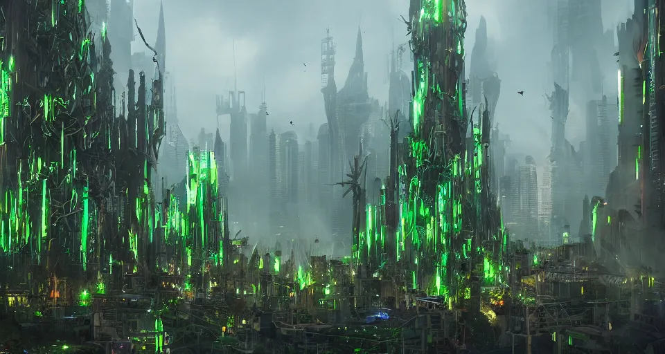 Image similar to giant thick green Spikes grow angular out of the ground in a gothic medieval cyberpunk city, debris flying around, the feeling of grimdark terror and pain, high quality, detailed, 8k, unreal engine, octane render, trending on artstation