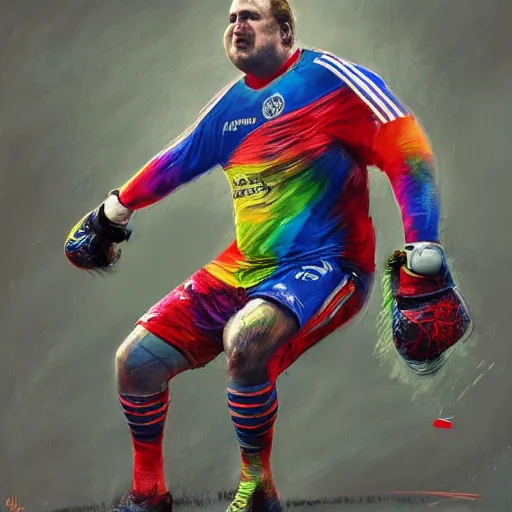 Image similar to A realistic hyperdetailed multi-colored digital oil full body portrait painting of a morbidly obese goal keeper saving a penalty, in the style of Guy Denning, Ruan Jia, and Craig Mullins. Trending on ArtStation and DeviantArt. CGSociety Digital art.