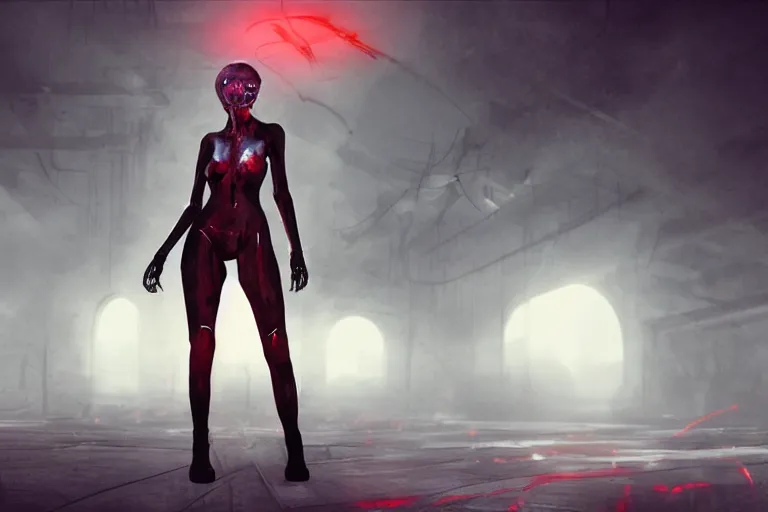 Prompt: cyber vampire woman, meat, blood, bones, Abandoned night hangar, dim blue light, foggy room, blade runner style