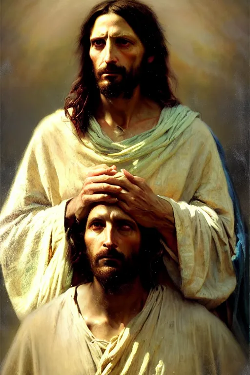 Image similar to photograph imax and solomon joseph solomon and richard schmid and jeremy lipking victorian loose genre loose painting full length portrait painting of jesus