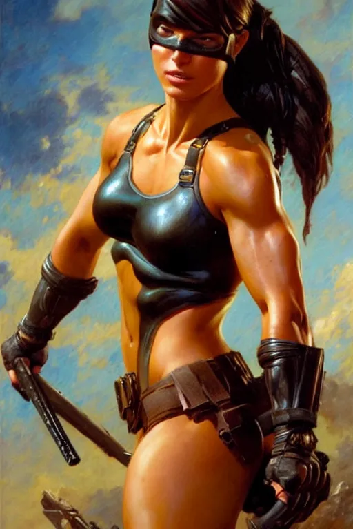 Image similar to muscular oiled sweat lara croft as batgirl, highly detailed painting by gaston bussiere, craig mullins, j. c. leyendecker 8 k