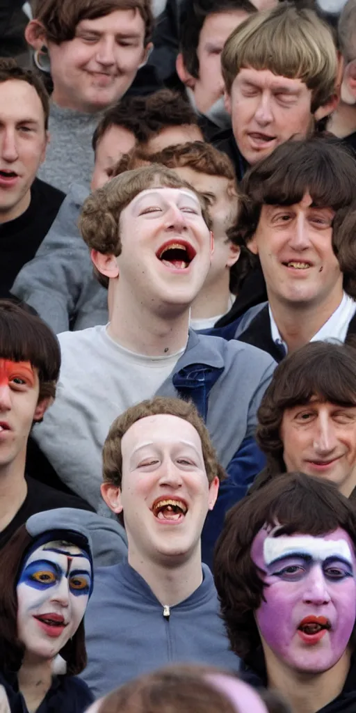 Image similar to Marc Zuckerberg with Beatles hair bowl cut with face painted bright white raising one eye brow