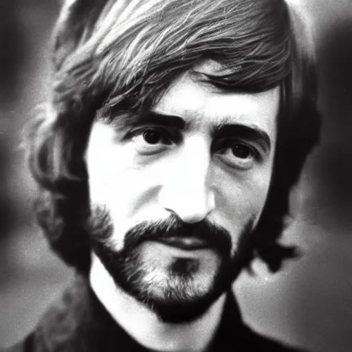 Image similar to a man who is a genetic combination of john lennon and paul mccartney and george harrison and ringo starr, face and upper - body focus, detailed eyes, photograph taken in 1 9 6 9, award winning photograph