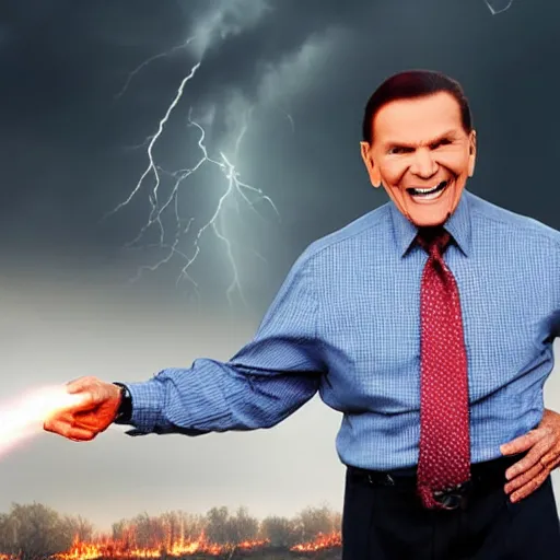 Prompt: kenneth copeland struck by lightning bold from the sky, fire around, open field