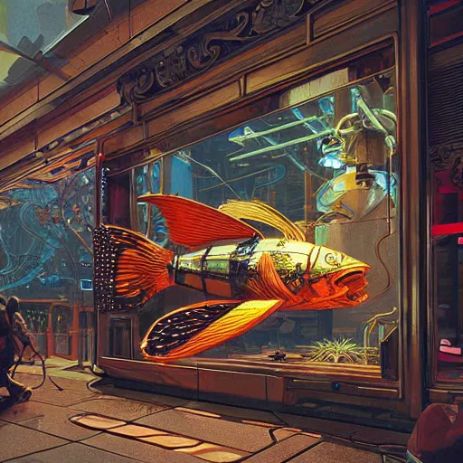 Image similar to painting of syd mead artlilery scifi fish tank with ornate metal work lands on a sidewalk, filigree ornaments, volumetric lights, simon stalenhag