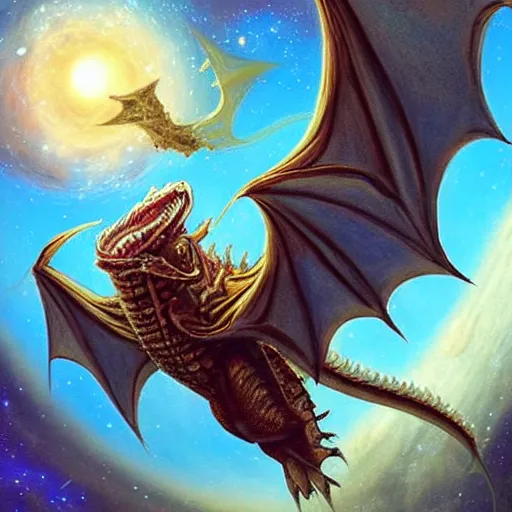 Image similar to A beautiful conceptual art of a dragon in space by Justin Gerard. The dragon is in the foreground with its mouth open, revealing rows of sharp teeth. Its body is coiled and ready to strike, and its tail is wrapped around a star in the background. The colors are bright and the background is full of stars and galaxies. The overall effect is one of chaotic energy and movement. stonepunk, catholicpunk by Anders Zorn ornate