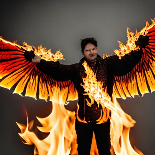 Prompt: photo of a man with flaming black wing