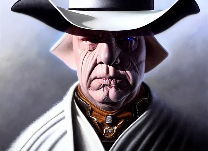 Prompt: portrait shot of white darth vader dressed like a texas sheriff wearing a cowboy hat, intricate, elegant, highly detailed, centered, digital painting, artstation, concept art, smooth, sharp focus, illustration, artgerm, tomasz alen kopera, peter mohrbacher, donato giancola, joseph christian leyendecker, wlop, boris vallejo