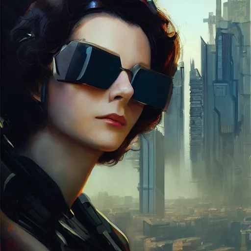 Prompt: closeup portrait of a young vivian leigh as cyberpunk mercenary, sunglasses, city background, megacity, dramatic light, gorgeous view, depth, high detail, digital art, painted by greg rutkowski, trending on artstation