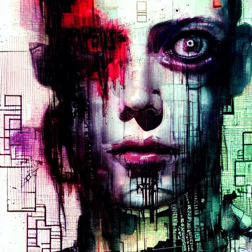 Image similar to a young punk woman lost in a cyberpunk noir glitchcore world of wires, and machines, by jeremy mann, francis bacon and agnes cecile, and dave mckean ink drips, paint smears, digital glitches glitchart