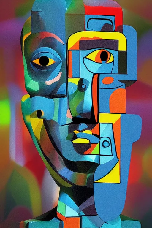 Image similar to cubist moai statue cutout digital illustration cartoon colorful beeple