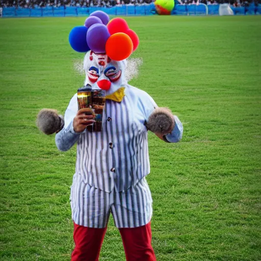 Image similar to silly little grumpy man clown with a beer in front of a soccer match, kodak photo