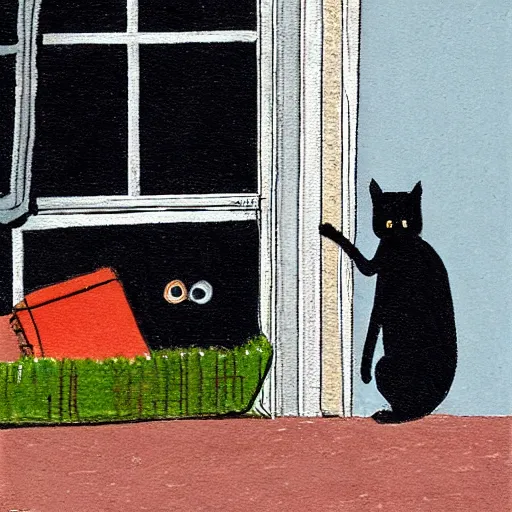 Image similar to sad black cat outside clawing at window, by Tom hammick