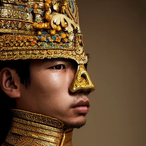 Prompt: a portrait of a beautiful young thai male wearing an alexander mcqueen armor , photographed by andrew thomas huang, artistic