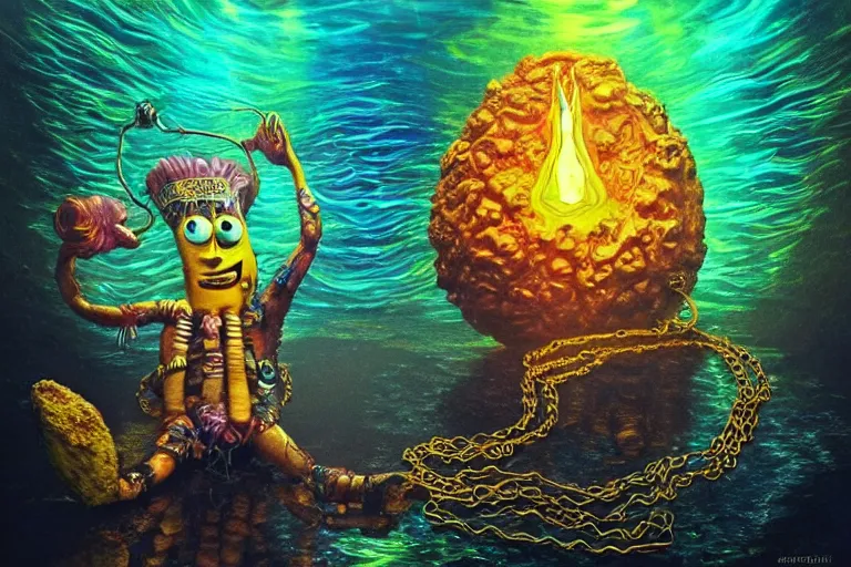 Image similar to psychedelic spongebob with trinket necklace, epic angle and pose, reflective pool, symmetrical artwork, ayahuasca, translucent, fungus, energy flows of water and fire, highly detailed, epic cinematic concept art, excellent composition, dystopian brutalist atmosphere, dynamic dramatic lighting, aesthetic, very inspirational, arthouse, Greg Rutkowski, Artgerm