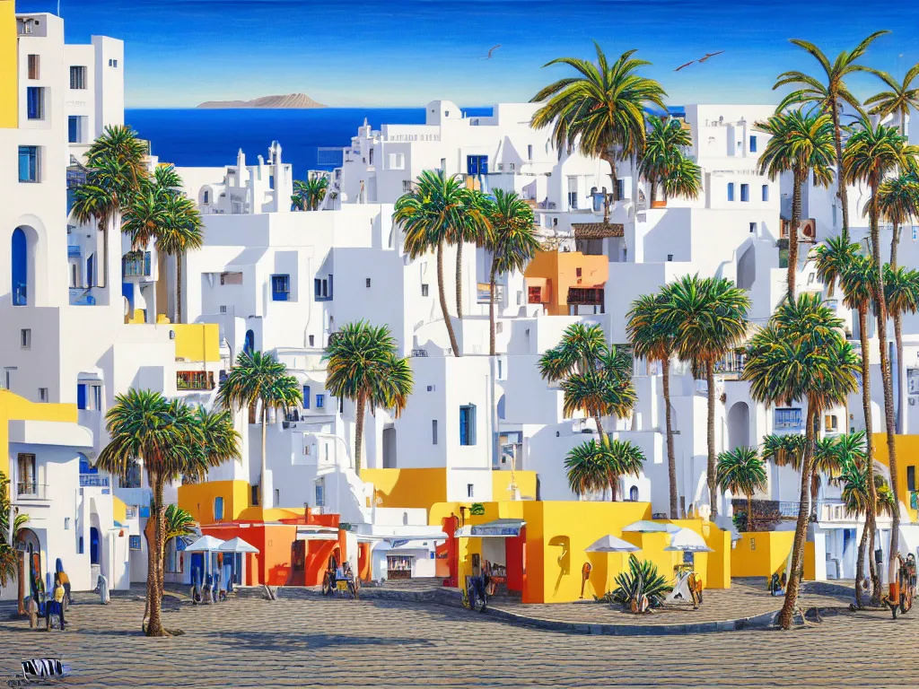 Prompt: hyperrealistic painting of lanzarote, mechanical designs, white houses and palms, technological, detailed engineering, vivid color, elegant, meticulous, cinematic, cyberpunk style, highly detailed, realism, intricate, acrylic on canvas, 8 k resolution, concept art, by noriyoshi ohrai, francesco di giorgio martini