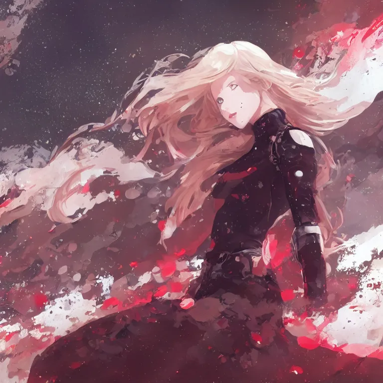 Prompt: highly detailed portrait of a hopeful young astronaut lady with a wavy blonde hair, by Dustin Nguyen, Akihiko Yoshida, Greg Tocchini, Greg Rutkowski, Cliff Chiang, 4k resolution, nier:automata inspired, bravely default inspired, vibrant but dreary but upflifting red, black and white color scheme!!! ((Space nebula background))