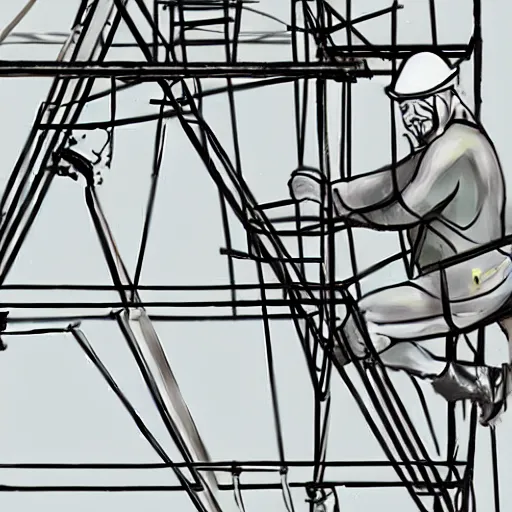 Prompt: man bear rigging a stage on a scaffold, art by dima yastronaut