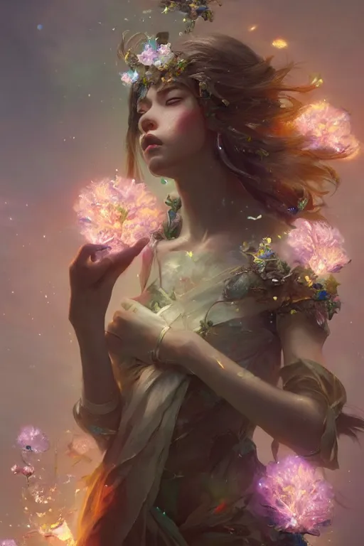 Image similar to beautiful girl covered with crystals exploding space, 3 d render, hyper realistic detailed portrait, holding magic flowers, ruan jia, wlop. scifi, fantasy, hyper detailed, octane render, concept art, peter mohrbacher
