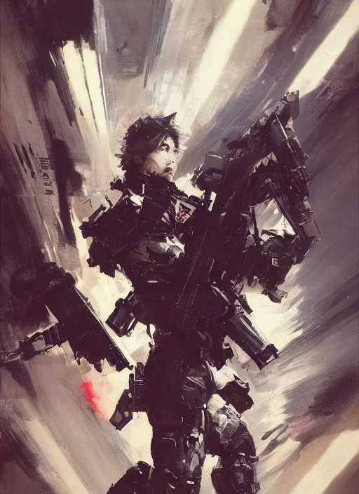 Image similar to BongBong Marcos wearing metal gear armor holding a shotgun dramatic lighting art by Yoji Shinkawa by Richard Schmid by greg rutkowski by Sandra Chevrier by Jeremy Lipking cinematic dramatic