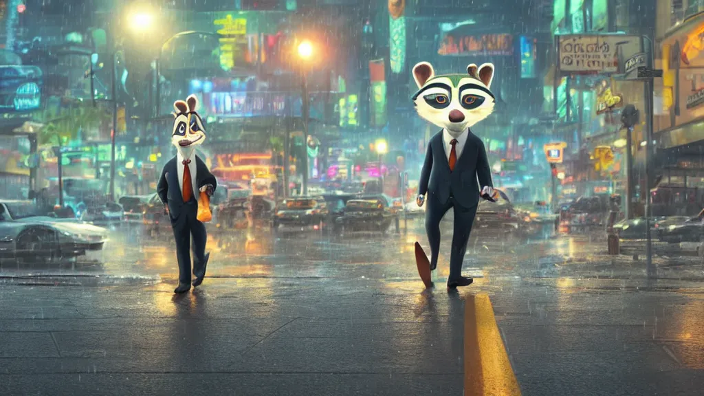 Image similar to A cute anthropomorphic raccoon businessman is walking down a busy crosswalk at in the rain at night, warm lighting with an orange glow blanketing the cityscape from the city lights, zootopia, other anthropomorphic characters are walking by him, extremely detailed, HDR, sideview, solemn and moody, many cars and animal people in the background, detailed face and eyes, large eyes with visible pupils, the road is wet with many rain puddles, reflections from the water on the ground, he is carrying a black briefcase