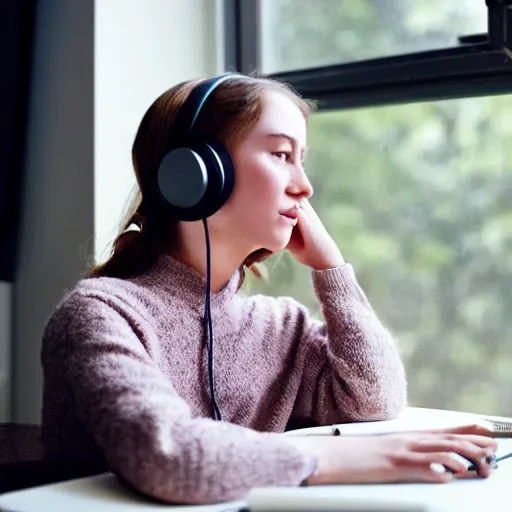 Image similar to girl wearing headphones sits at a desk in her bedroom studying 5 0 mm kodak, beautiful light thorough window in the style of lofi hiphop on youtube