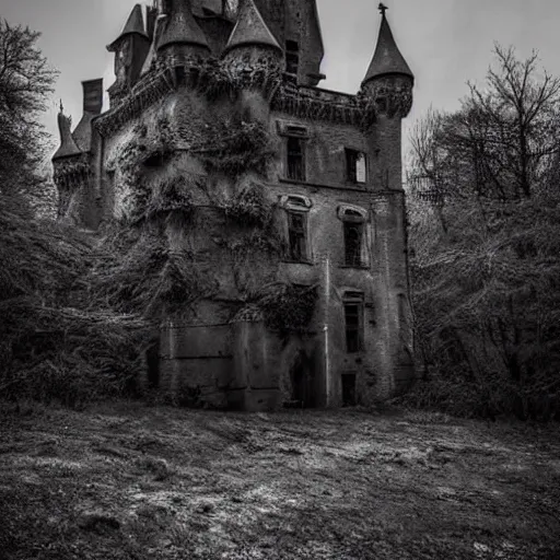 Prompt: abandoned castle in the woods, ethereal, dark lighting, spooky, grey tint