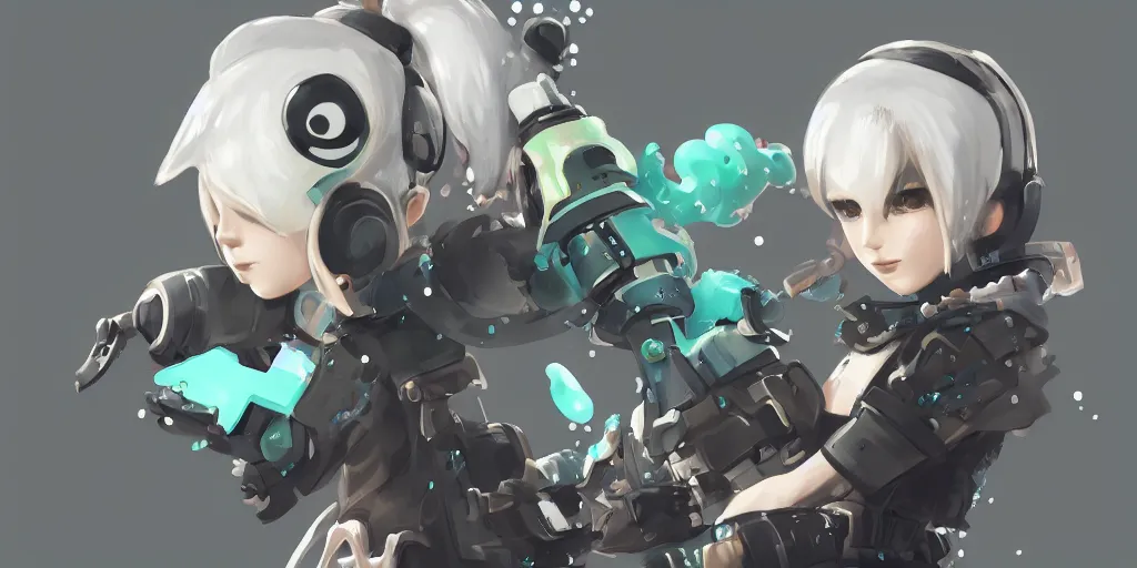 Image similar to portrait splatoon nintendo one character digital painting no blur, concept art, character sheet nier automata 2 d, yoji shinkawa, yoshitaka amano, tsutomu niehi, cyberpunk, trending on artstation, featured on pixiv, hyper detail, cinematic composition, 8 k