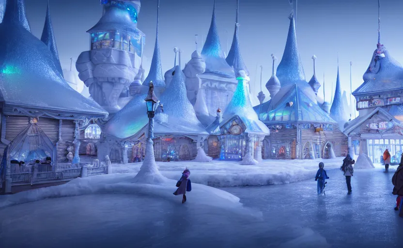 Image similar to inside an ethereal magical ice kingdom city with people walking around, highly detailed, 8 k, hdr, award - winning, octane render, artstation