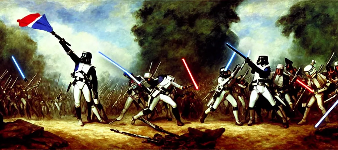 Image similar to liberty leading the people, french revolution, french flag, eugene delacroix, jedi, lightsaber, ewoks, at - st, tie - fighter, endor forest, oil on canvas