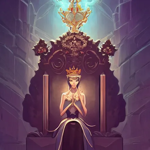 Image similar to stylized minimalist a beautiful black haired woman with pale skin and a crown on her head sitted on an intricate metal throne, loftis, cory behance hd by jesper ejsing, by rhads, makoto shinkai and lois van baarle, ilya kuvshinov, rossdraws global illumination,