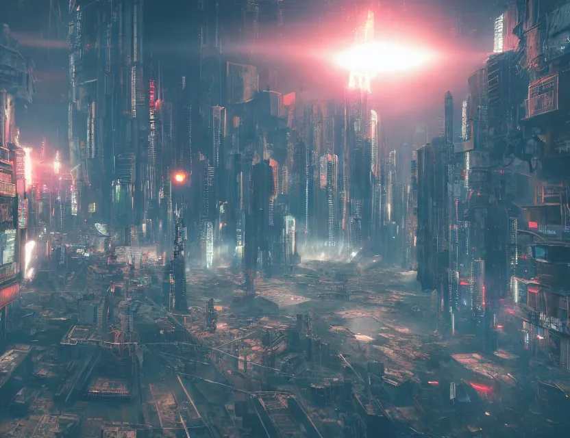 Prompt: a expanding nuclear fireball in the midle of a dense megacity, a country sized megacity, the explosion from akira, in photorealistic cyberpunk style, volumetric light, rendered in redshift, ray tracing on epic settings, epic scale