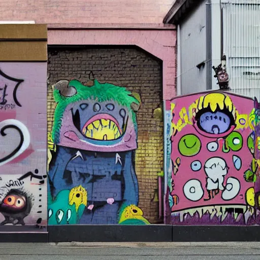 Image similar to little crazy monsters, furry creatures, monster emotional monsters and creatures in the city alleyway with graffiti, in the style of Johfra and Shaun Tan