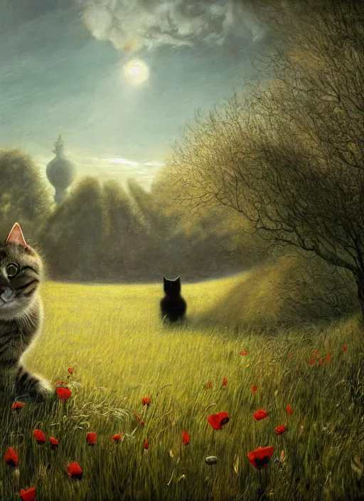 Image similar to the cat in the field from poppy and tulip, hyperrealism, no blur, 4 k resolution, ultra detailed, style of tyler edlin, tom bagshaw, arthur rackham, ivan shishkin