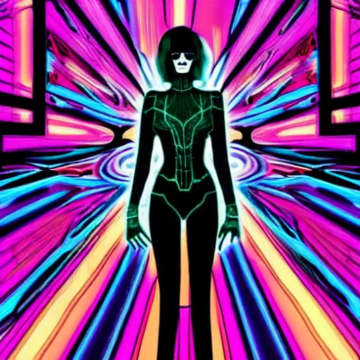 Image similar to long Shot of psychedelic Black widow standing in mysterious chromatic astral temple , stylish, lsd, soft, cinematic, artwork by Wong, Liam