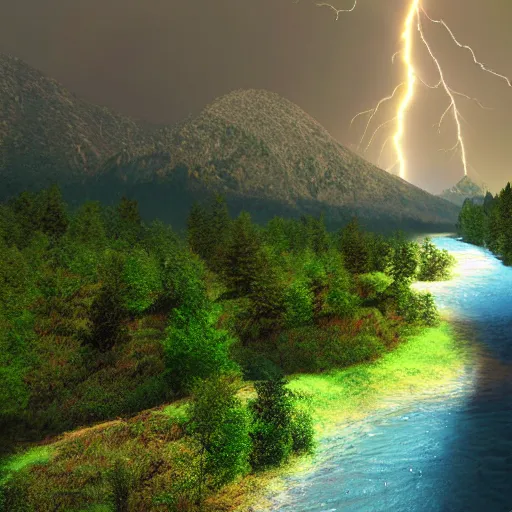 Image similar to photorealistic valley with rainbow river , volumetric lightning